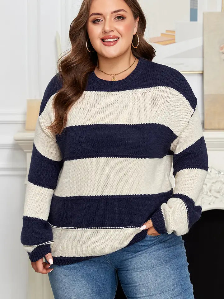 Plus Size Colourblock Drop Shoulder Sweater - Blue Stripe