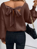 Lantern Sleeve V Neck Knot Back Sweater - Coffee