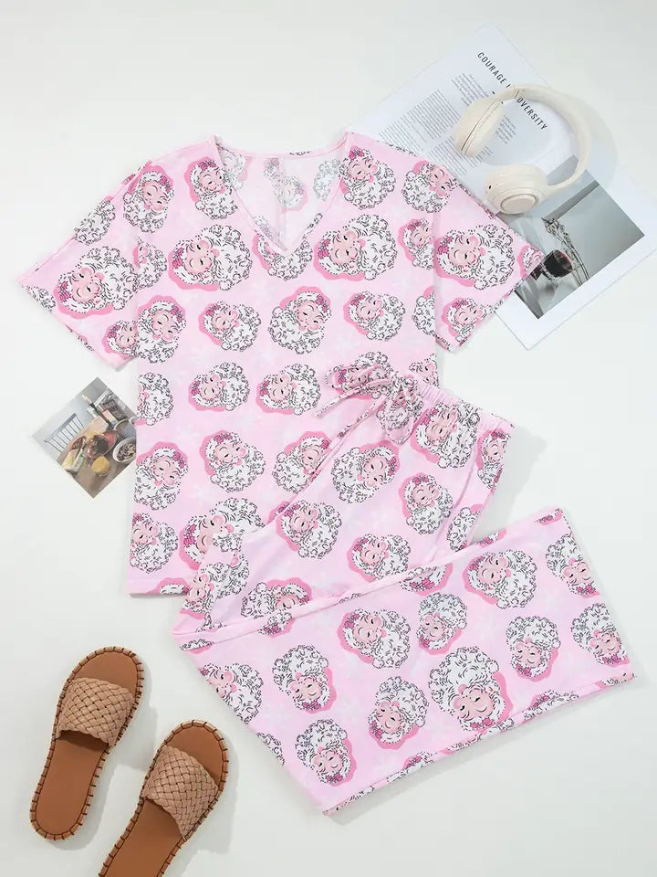 Santa Print V Neck Lounge Set - Pink