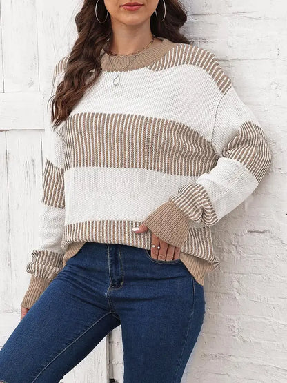 Plus Size Colourblock Stripe Sweater - Khaki