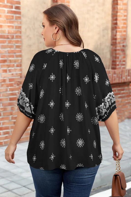 Dear Lover Boho Chic Notched V Neck Plus Top - Black