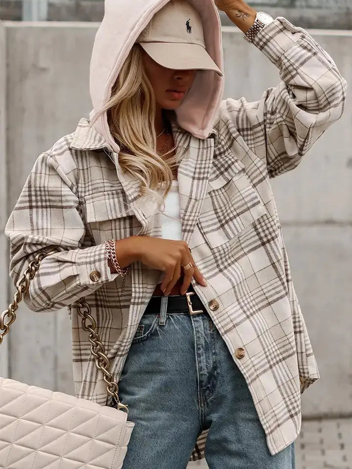 Lovesoft Plaid Shirt Emovable Hood Buttoned Shacket - Khaki