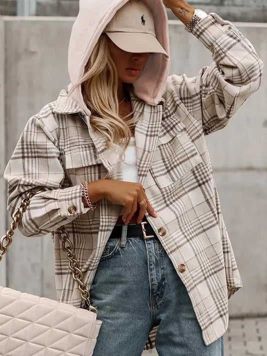 Lovesoft Plaid Shirt Emovable Hood Buttoned Shacket - Khaki