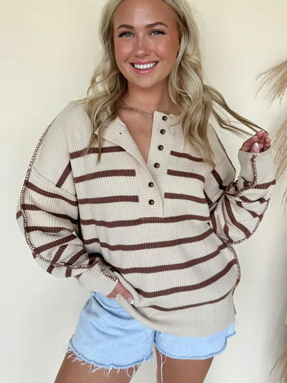 Lovesoft Ribbed Henley Drop Shoulder Slouchy Sweater - Brown Stripe