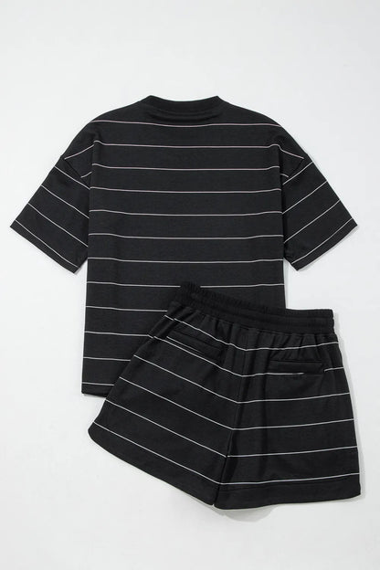 Dear Lover Half Sleeve Tee & Drawstring Shorts Set - Black Stripe