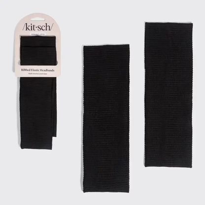 Kitsch Recycled Fabric Ribbed Elastic Headbands 2 pk Set - Black