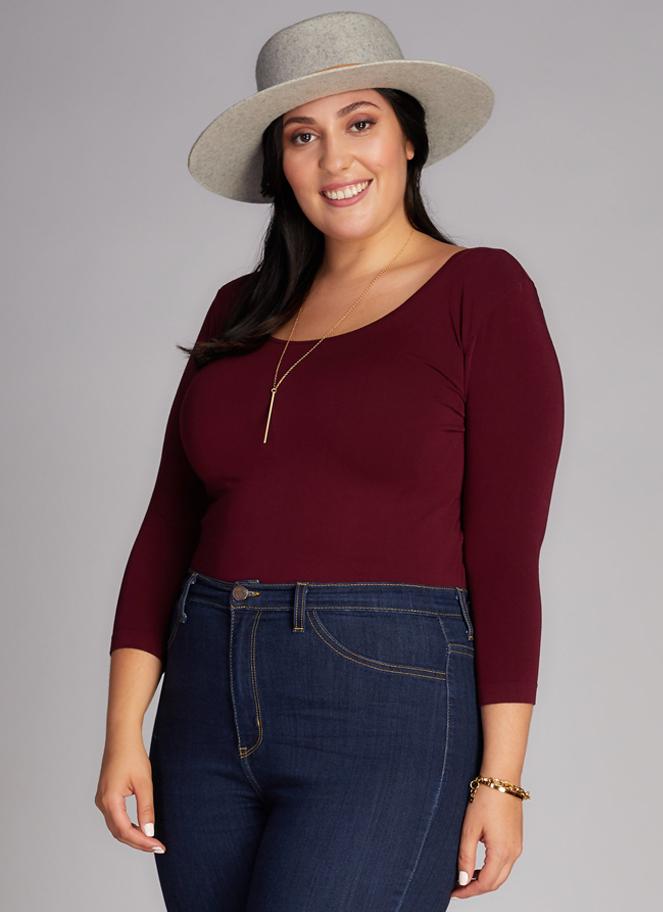 Cest Moi Bamboo Plus 3/4 Sleeve Top - Bordeaux