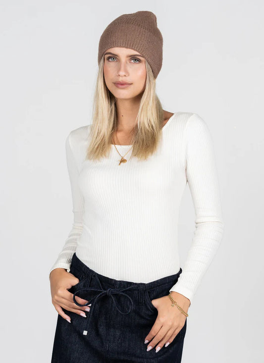 Cest Moi Fuzzy Ribbed Beanie Hat - Brown