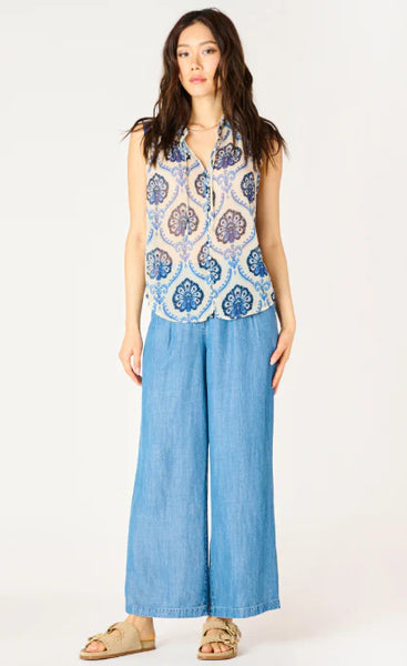 Dex Smocked Shoulder Blouse - Blue Medallion