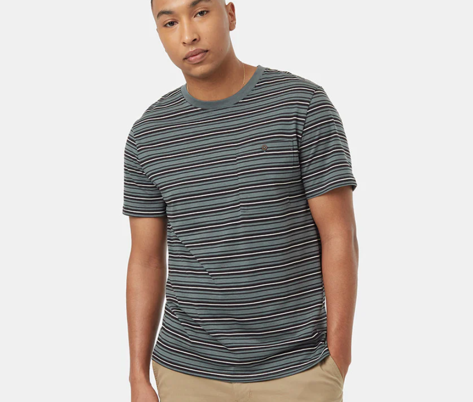 Ten Tree TreeBlend Stripe Button Pocket T-Shirt - Light Urban Green/Meteorite Black/Vintage White