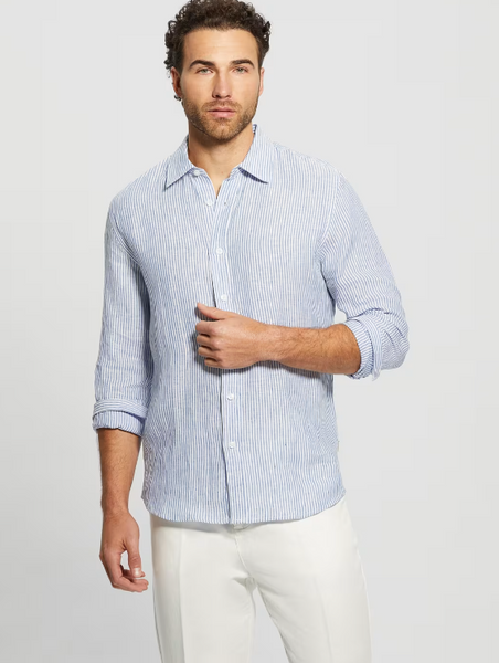 Guess Nautical Stripe Longsleeve Linen Shirt - Smart Blue Multi