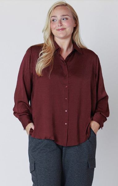 Dex Plus Flowy Satin Blouse - Deep Burgundy