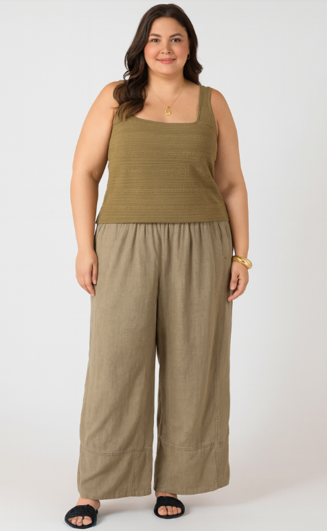 Dex Plus Wide Leg Linen Pant - Faded Olive