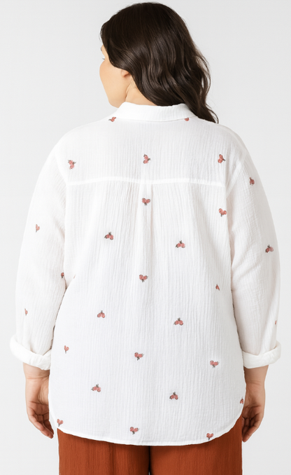 Dex Plus Textured Button Front Blouse - White & Vintage Floral