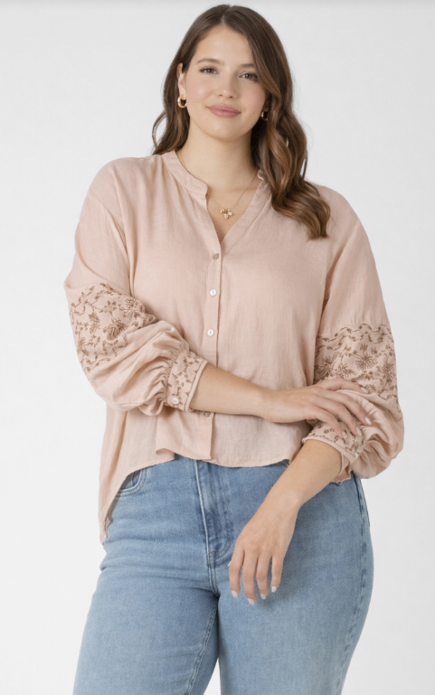 Dex Plus Embroidered Button Front Blouse - Rose Gold