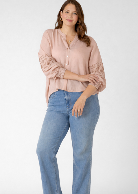 Dex Plus Embroidered Button Front Blouse - Rose Gold