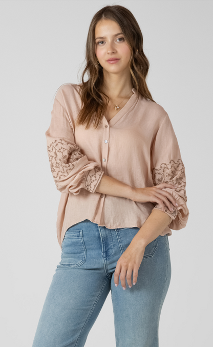 Dex Embroidered Button Front Blouse - Rose Gold