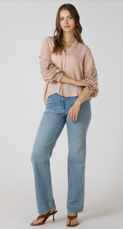 Dex Embroidered Button Front Blouse - Rose Gold