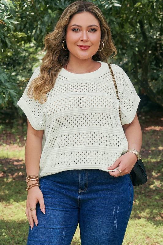 Dear Lover Eyelet Hollow Out Knit Ribbed Trim Plus T-Shirt - White