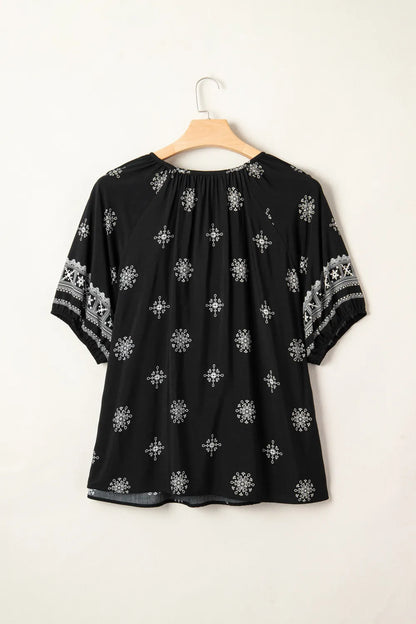 Dear Lover Boho Chic Notched V Neck Plus Top - Black