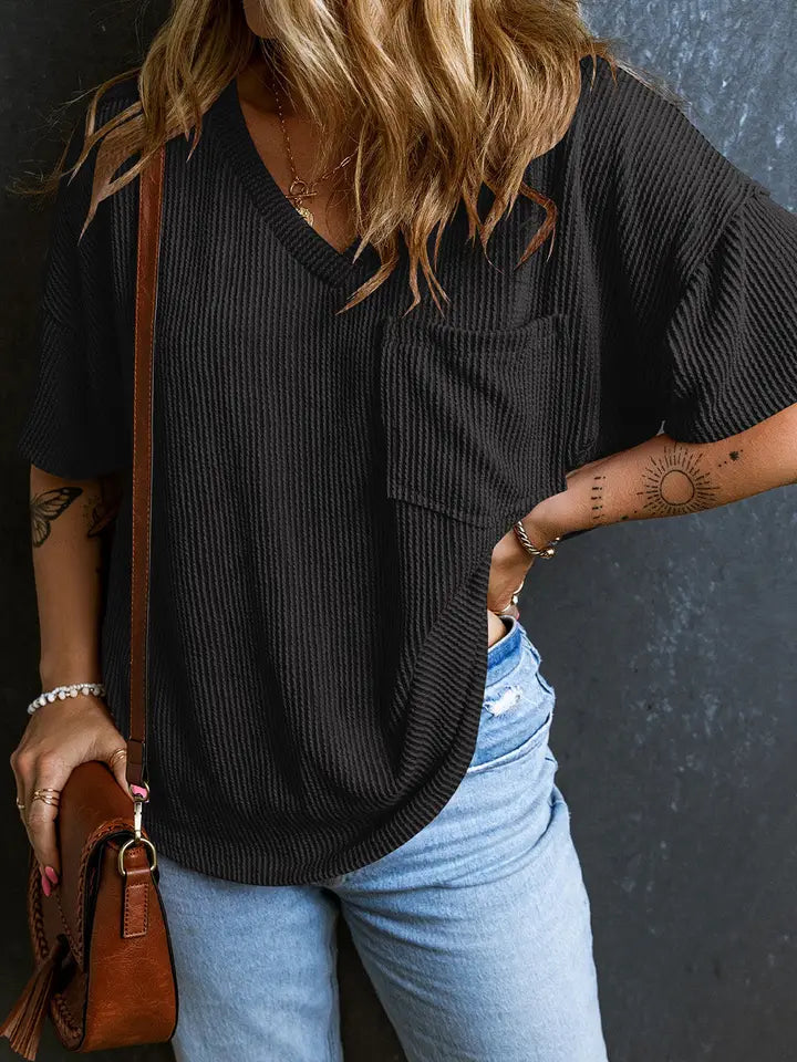 Lovesoft Valerian Cored V Neck Chest Pocket Loose T-Shirt - Black