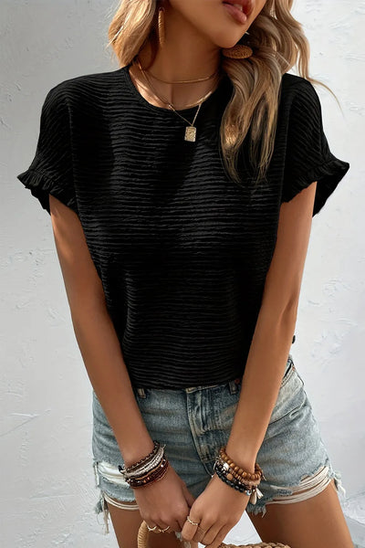 Solid Textured Ruffled Short Sleeve - Black