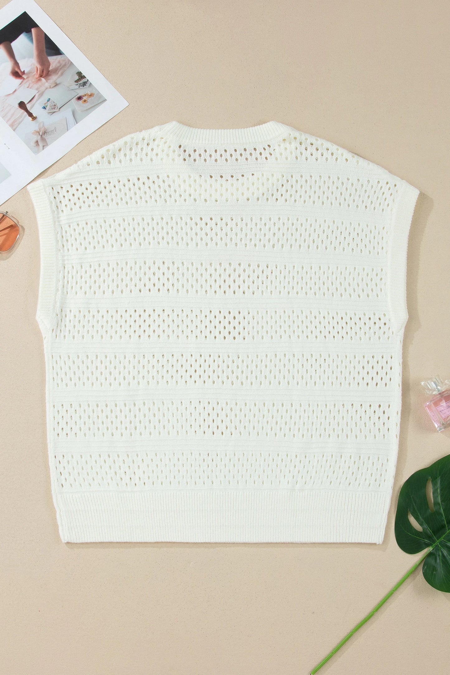 Dear Lover Eyelet Hollow Out Knit Ribbed Trim Plus T-Shirt - White