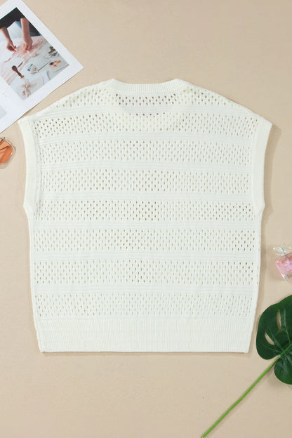 Dear Lover Eyelet Hollow Out Knit Ribbed Trim Plus T-Shirt - White