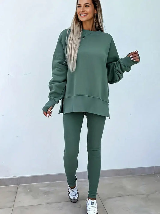 Lovesoft Oversize Slit Sweatshirt Ribbed Leggings Set - Bay Green