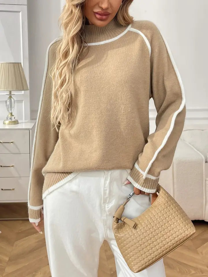 Lovesoft Colorblock Mock Neck Pullover Knit Sweater - Khaki
