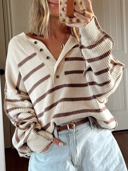 Lovesoft Ribbed Henley Drop Shoulder Slouchy Sweater - Brown Stripe