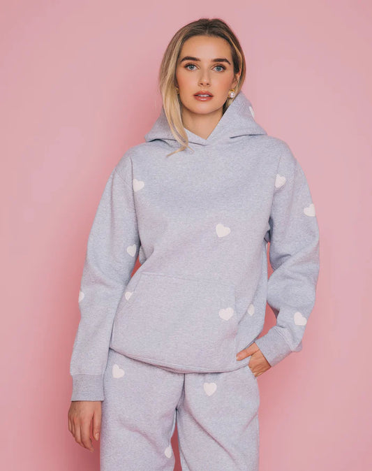 Brunette The Label All Over Heart Core Hoodie - Pebble Grey & White