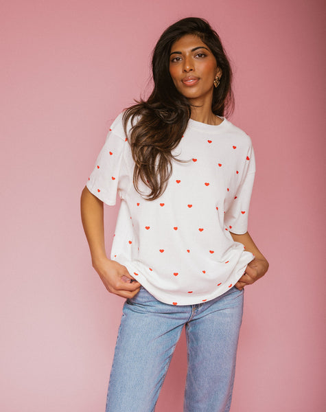 Brunette All Over Tiny Heart Oversized Boxy Tee - Coconut Cream