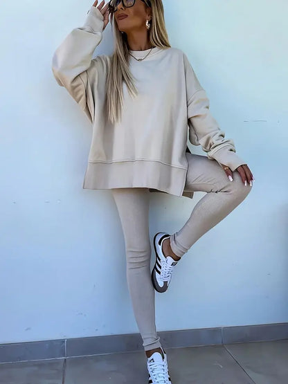 Lovesoft Oversized Slit Sweatshirt Ribbed Leggings Set - Jet Stream
