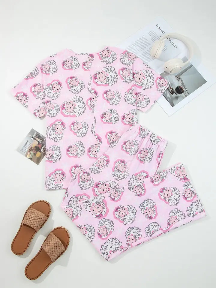 Santa Print V Neck Lounge Set - Pink