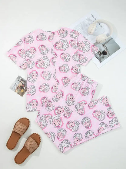 Santa Print V Neck Lounge Set - Pink