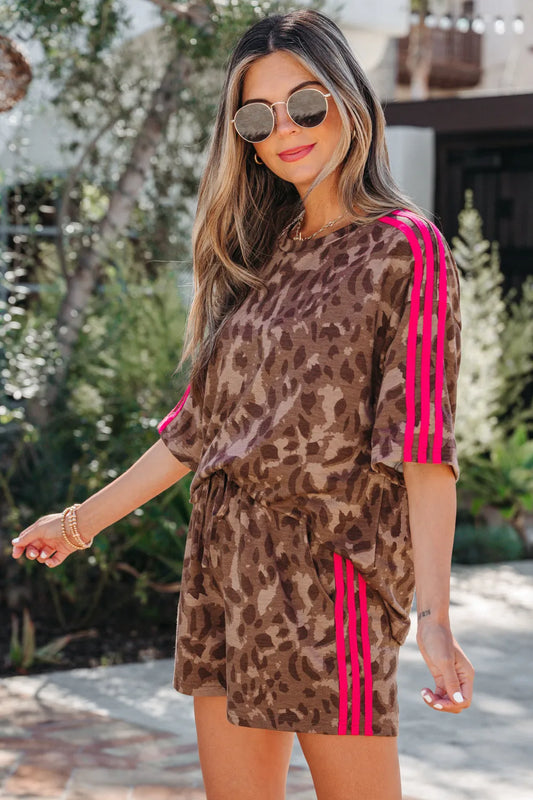 Dear Lover Brown Contrast Striped Accent Leopard Set