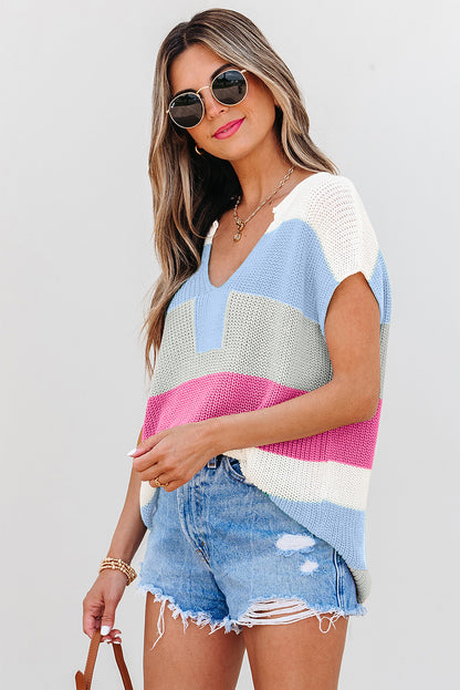 Dear Lover Short Sleeve Sweater - Light Blue Colour Block Notch