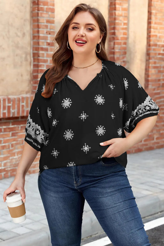 Dear Lover Boho Chic Notched V Neck Plus Top - Black