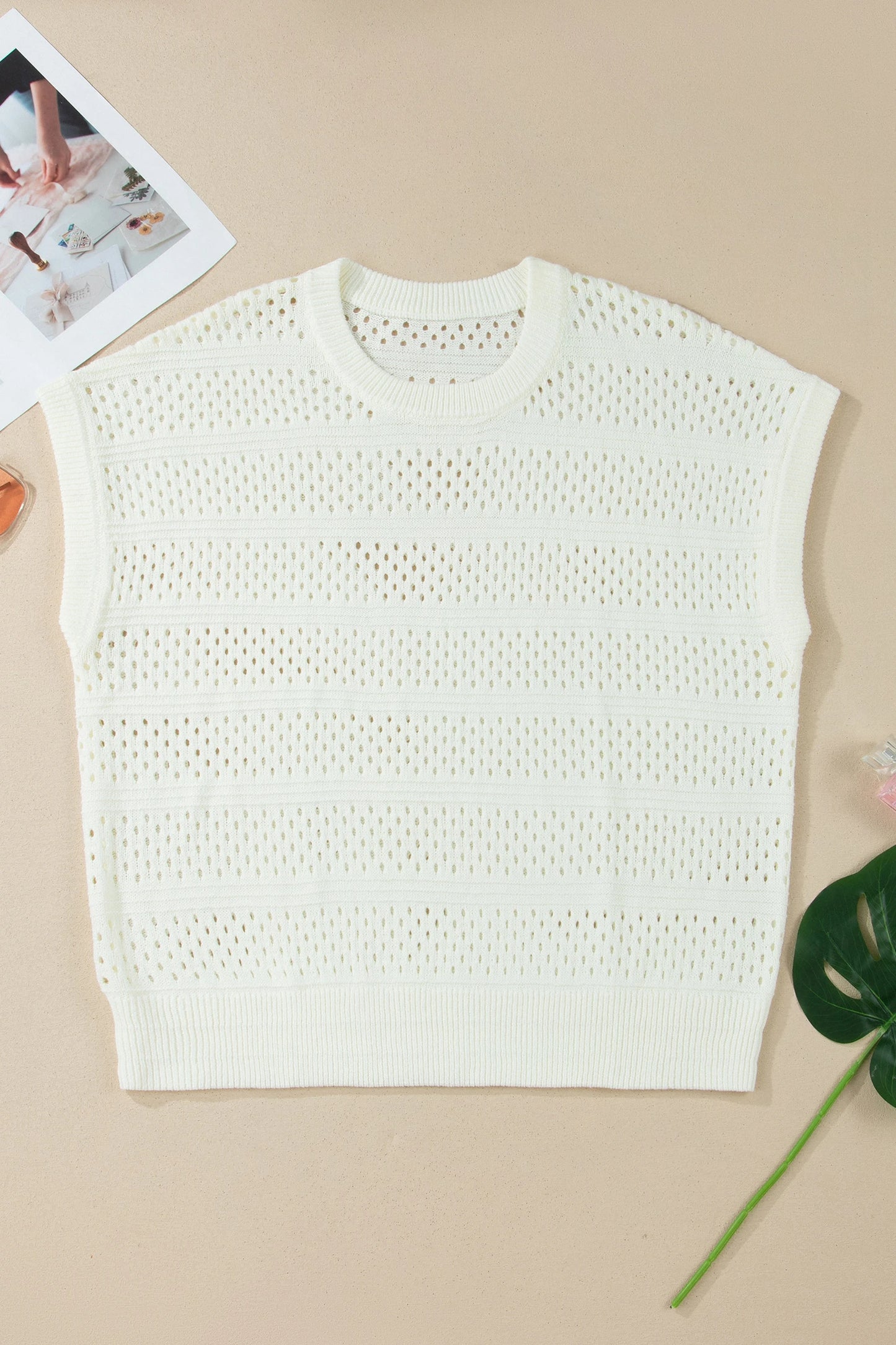 Dear Lover Eyelet Hollow Out Knit Ribbed Trim Plus T-Shirt - White