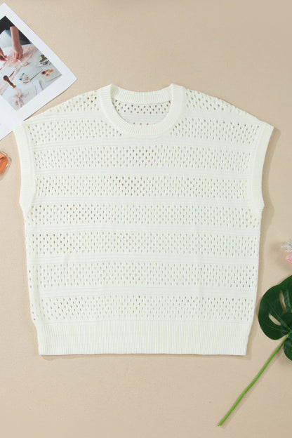Dear Lover Eyelet Hollow Out Knit Ribbed Trim Plus T-Shirt - White