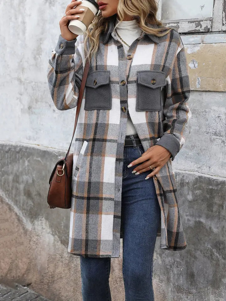Shacket Long Button Front - Plaid Grey