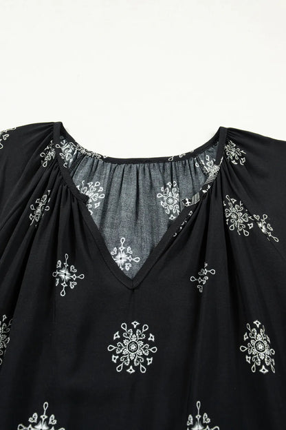 Dear Lover Boho Chic Notched V Neck Plus Top - Black