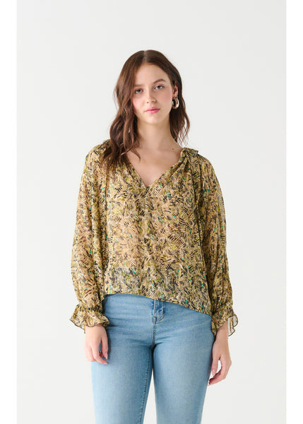 Dex Ruffle Printed Blouse - Green Line Abtract
