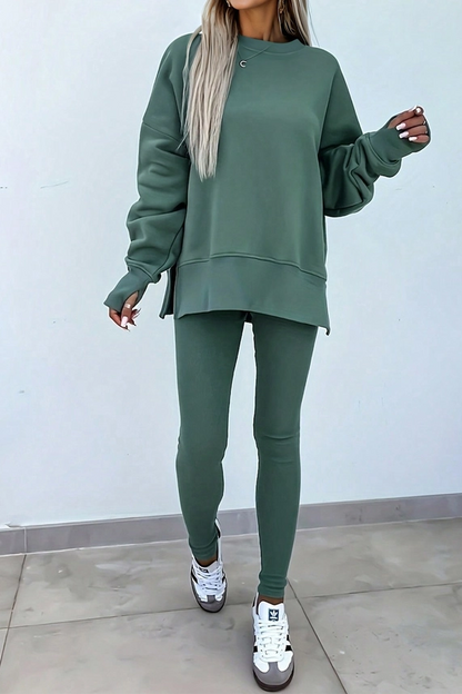 Lovesoft Oversize Slit Sweatshirt Ribbed Leggings Set - Bay Green