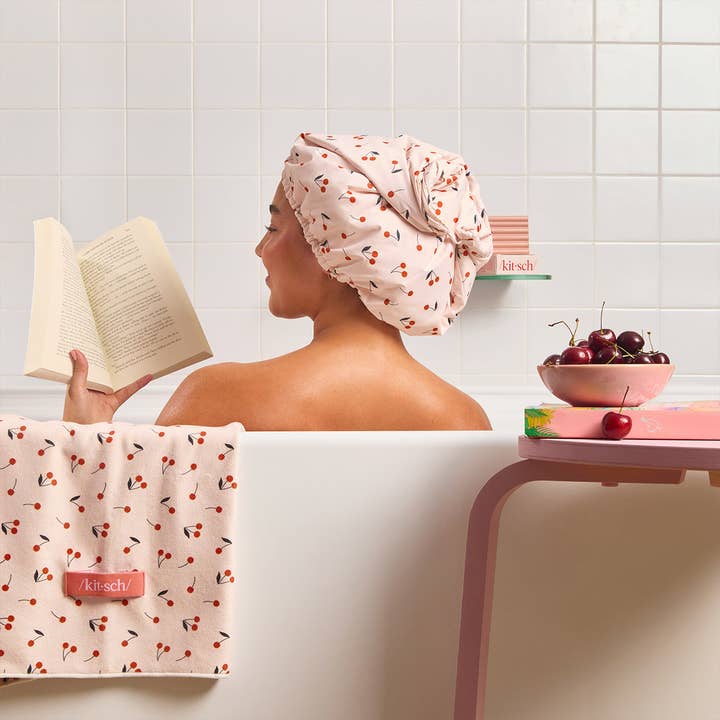 Kitsch Satin Lined Luxury Shower Cap - Cherry Print