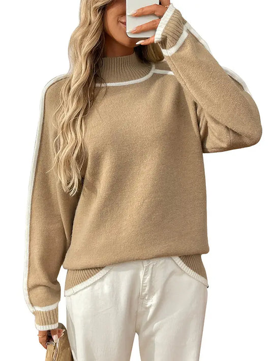 Lovesoft Colorblock Mock Neck Pullover Knit Sweater - Khaki