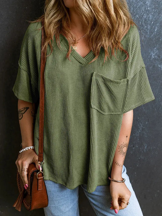 Lovesoft Valerian Cored V Neck Chest Pocket Loose T-Shirt - Jungle Green