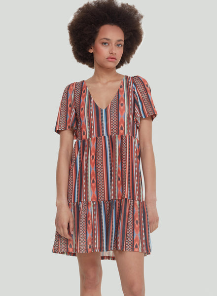 Dex V Neck Tiered Mini Dress - Southwest Stripes