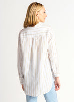 Dex Button Front Oversized Linen Shirt - White/Taupe Stripe
